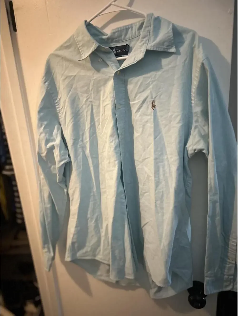 Ralph Lauren blue long sleeve polo w/ multicolor pony logo, custom fit, size XL.